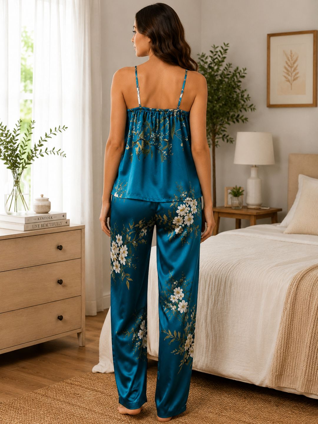 11060-Women Floral Printed Satin Camisole Top with Lounge Pants Night Suit Set