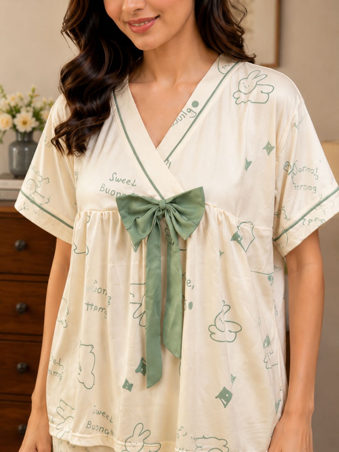 11062-Womens Printed Short Sleeve Top & Shorts Night Suit