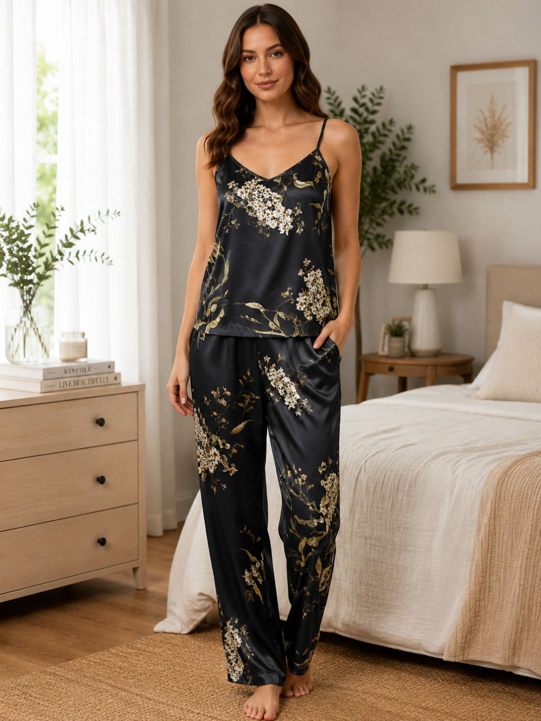 11060-Women Floral Printed Satin Camisole Top with Lounge Pants Night Suit Set