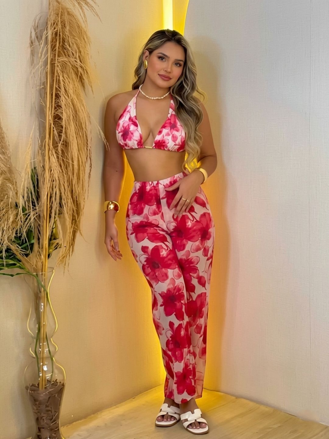 11044-Women Floral Printed Satin Co-Ord Set with Halter Neck Crop Top & Straight Fit Pants