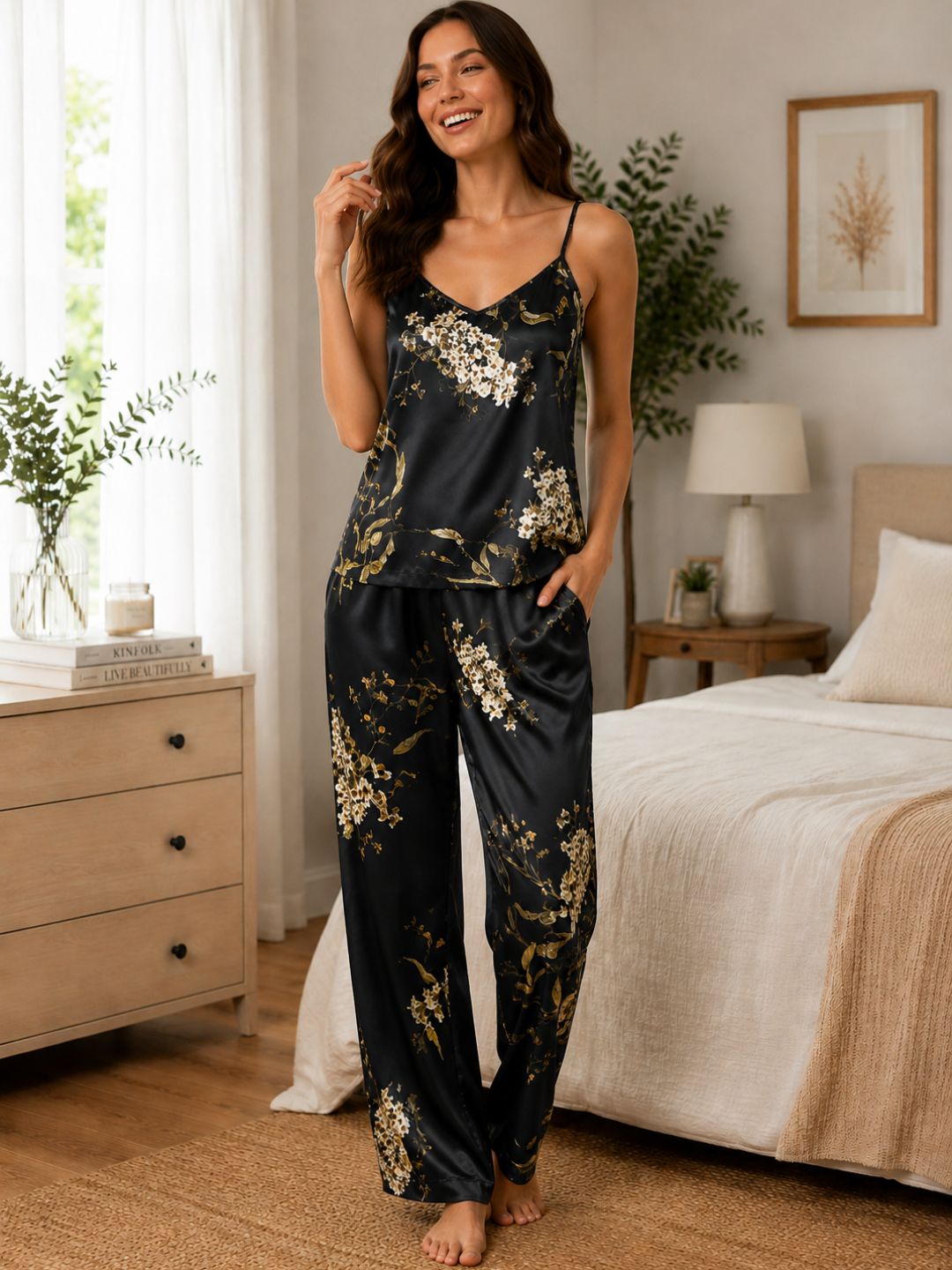 11060-Women Floral Printed Satin Camisole Top with Lounge Pants Night Suit Set