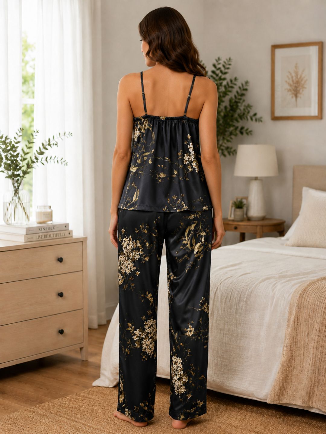 11060-Women Floral Printed Satin Camisole Top with Lounge Pants Night Suit Set