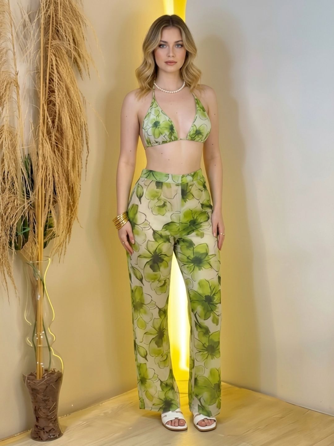 11044-Women Floral Printed Satin Co-Ord Set with Halter Neck Crop Top & Straight Fit Pants