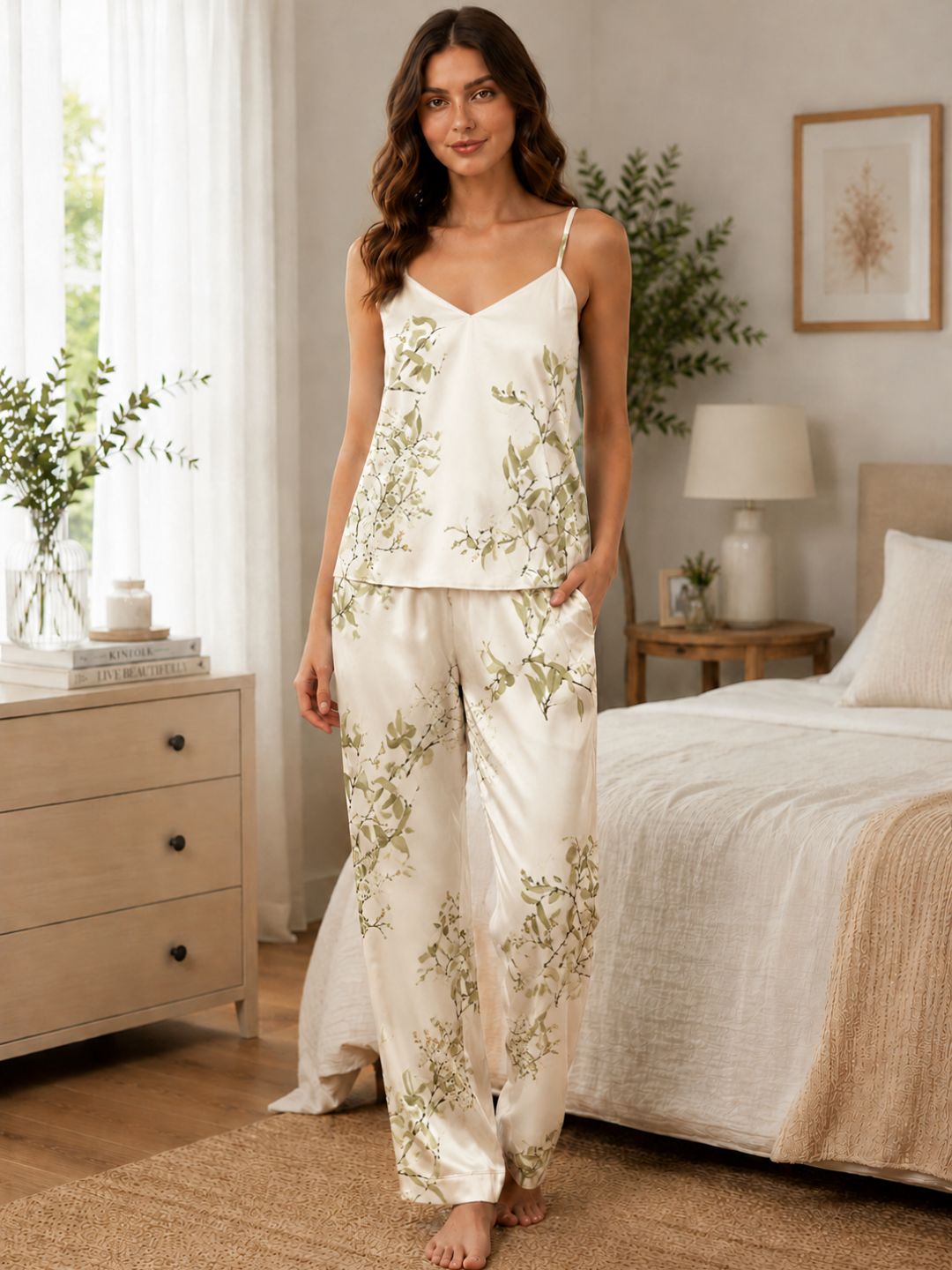 11060-Women Floral Printed Satin Camisole Top with Lounge Pants Night Suit Set
