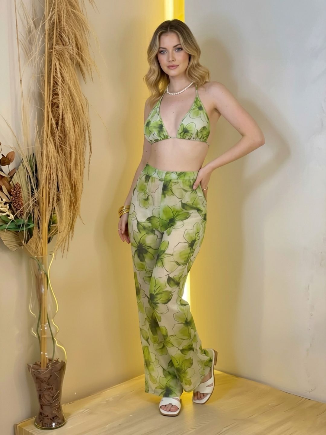 11044-Women Floral Printed Satin Co-Ord Set with Halter Neck Crop Top & Straight Fit Pants