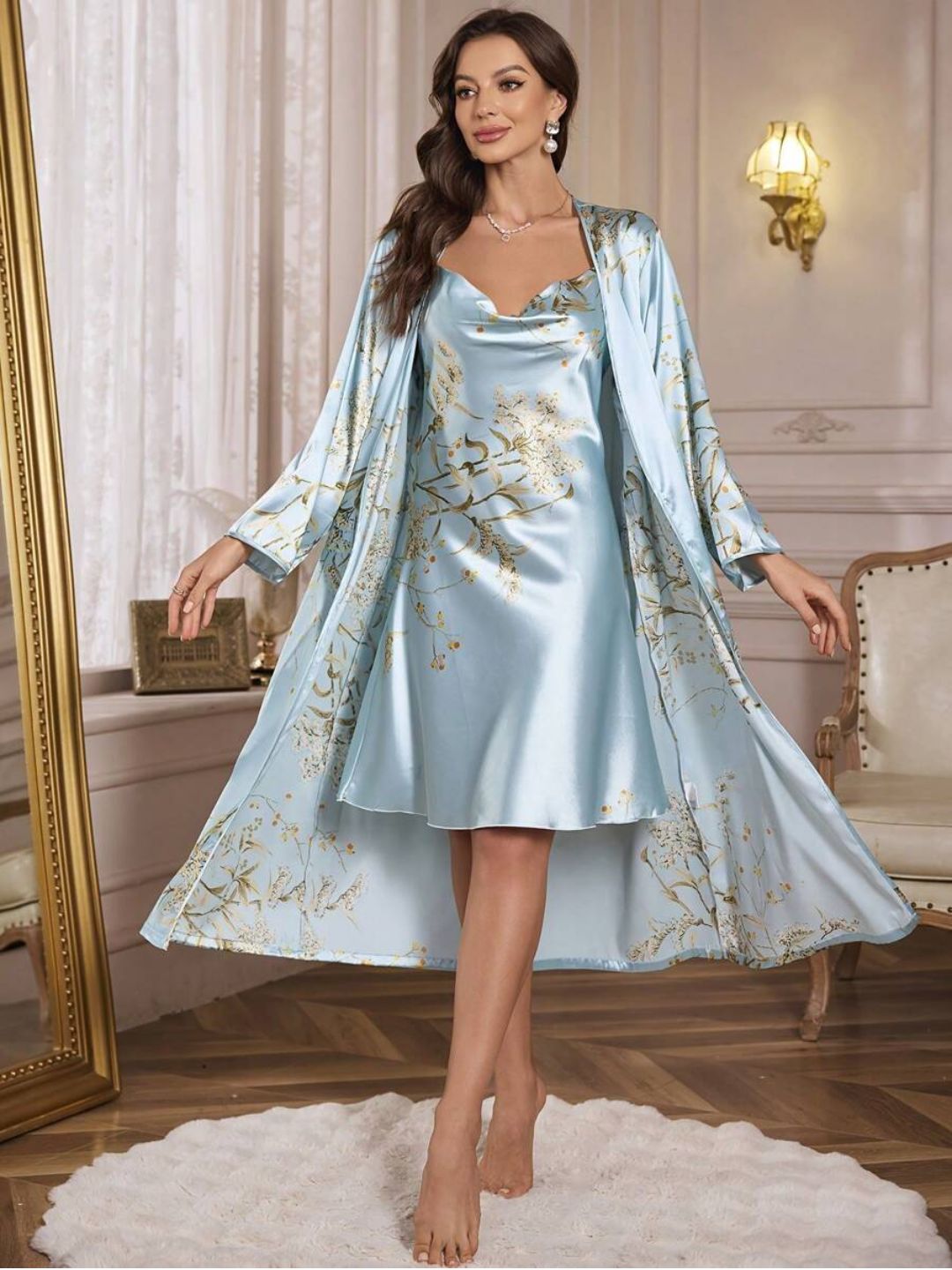 11003-Black Floral Satin Nightwear Robe Set for Women – Elegant Night Dress & Sleepwear