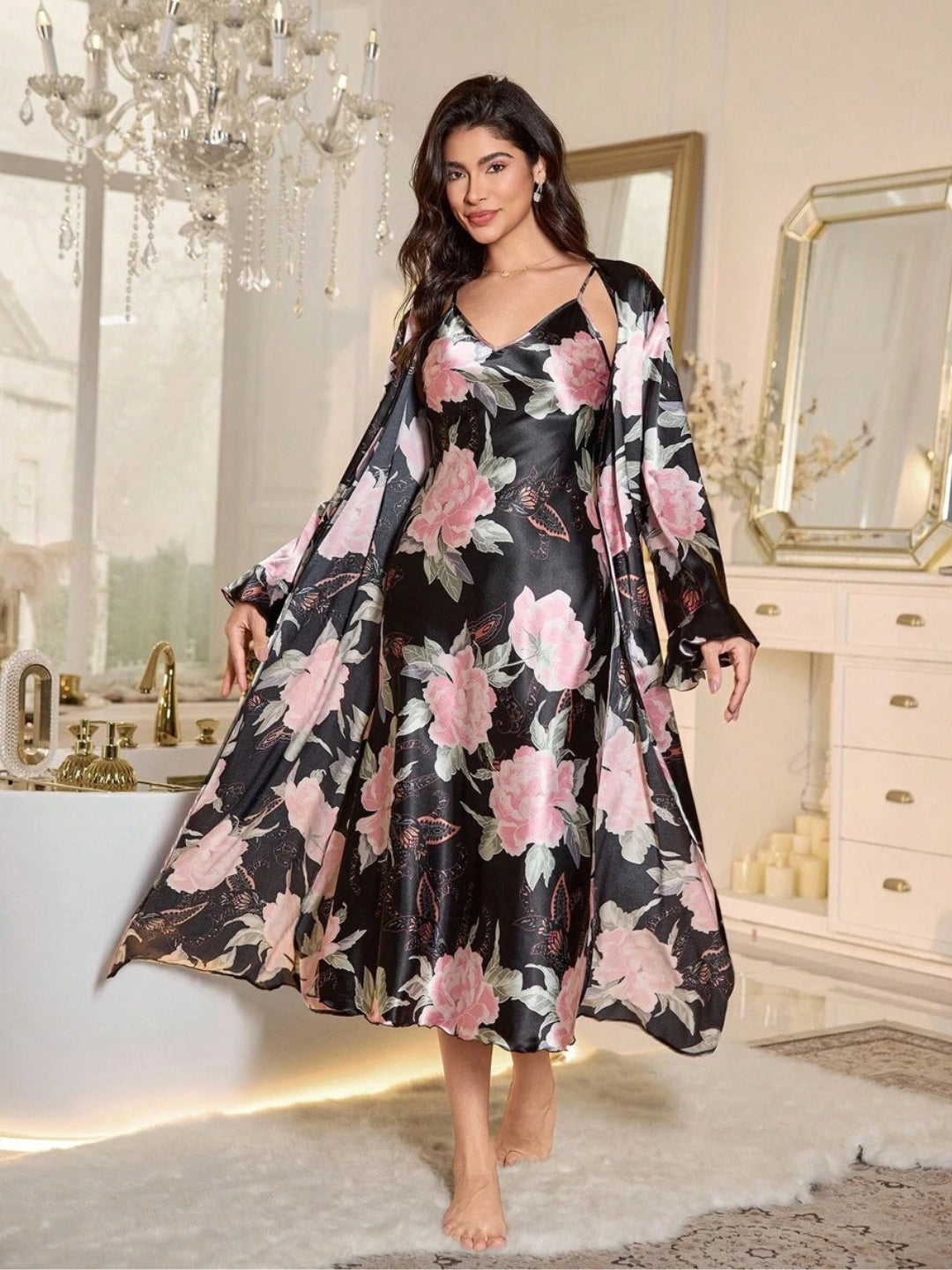 11017-Women’s Floral Satin Nightdress with Matching Robe – Soft Luxury Nightwear Set