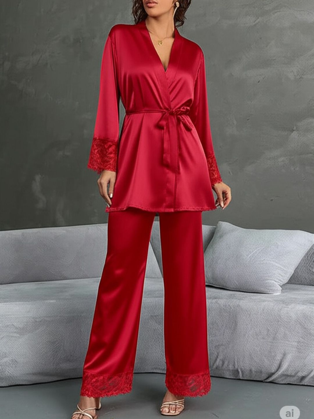 11002-Maroon Satin Nightwear Set with Lace Trim | Luxury Sleepwear For Women
