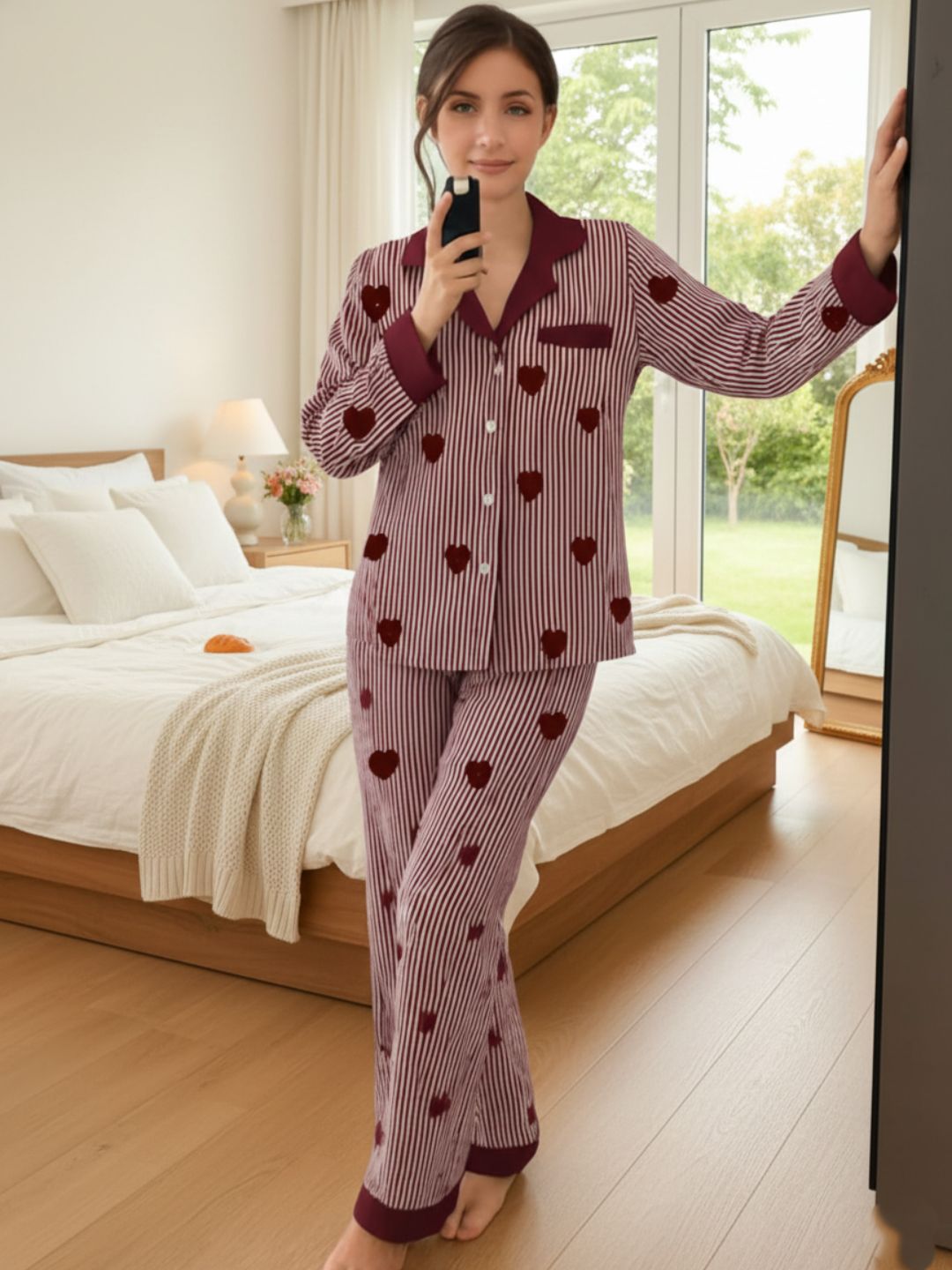 11016-Women Striped Heart Print Comfortable Shirt & Pyjama Nightwear Set