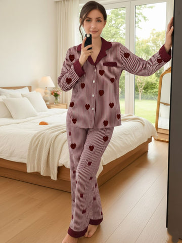 11016-Women Striped Heart Print Comfortable Shirt & Pyjama Nightwear Set