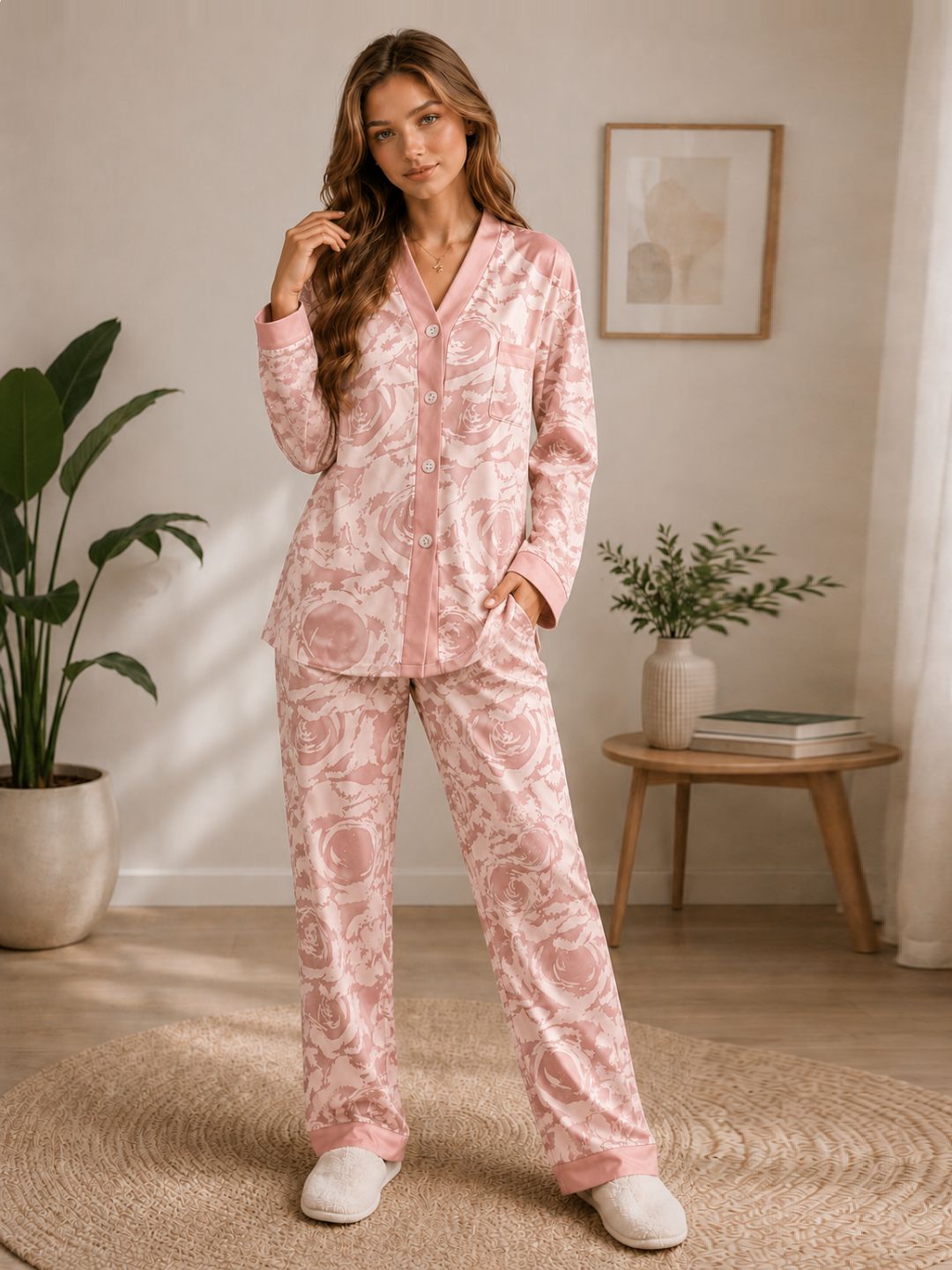 11052- Women Printed Satin Night Suit Set