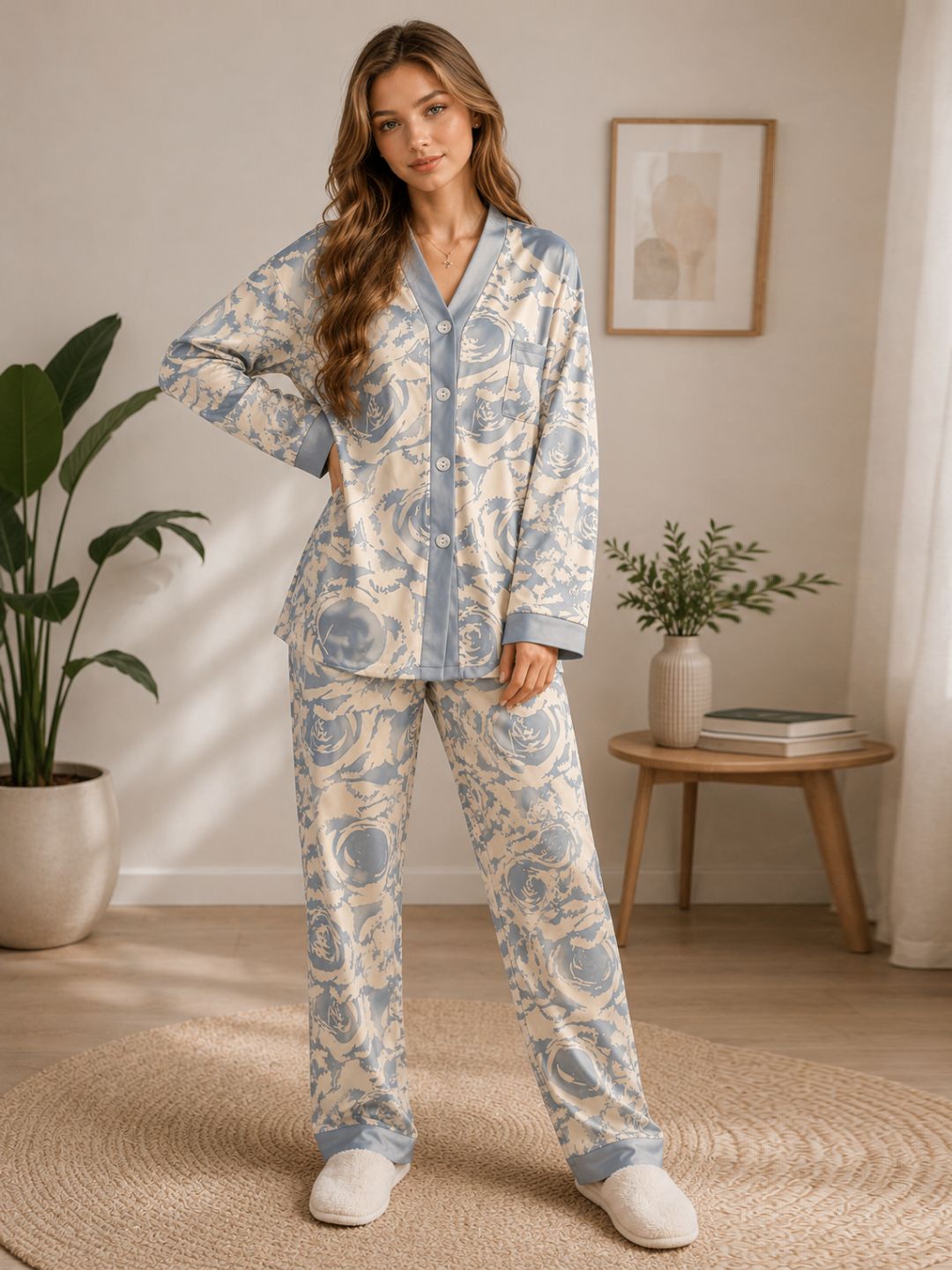 11052- Women Printed Satin Night Suit Set