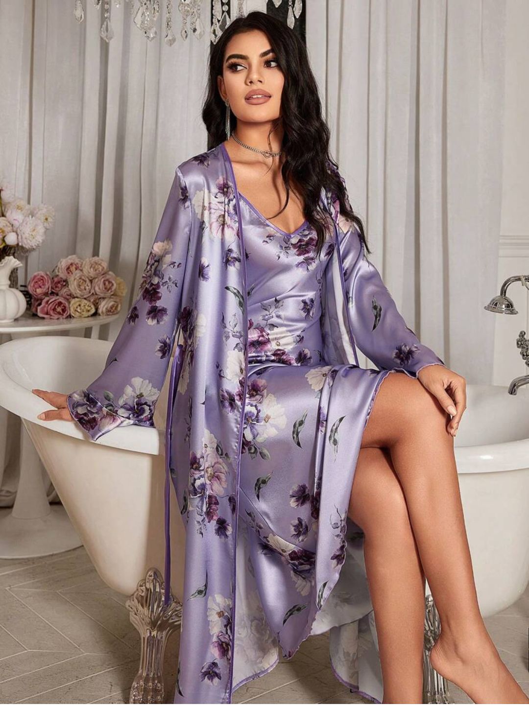 11001-Pink Floral Satin Nightdress with Robe