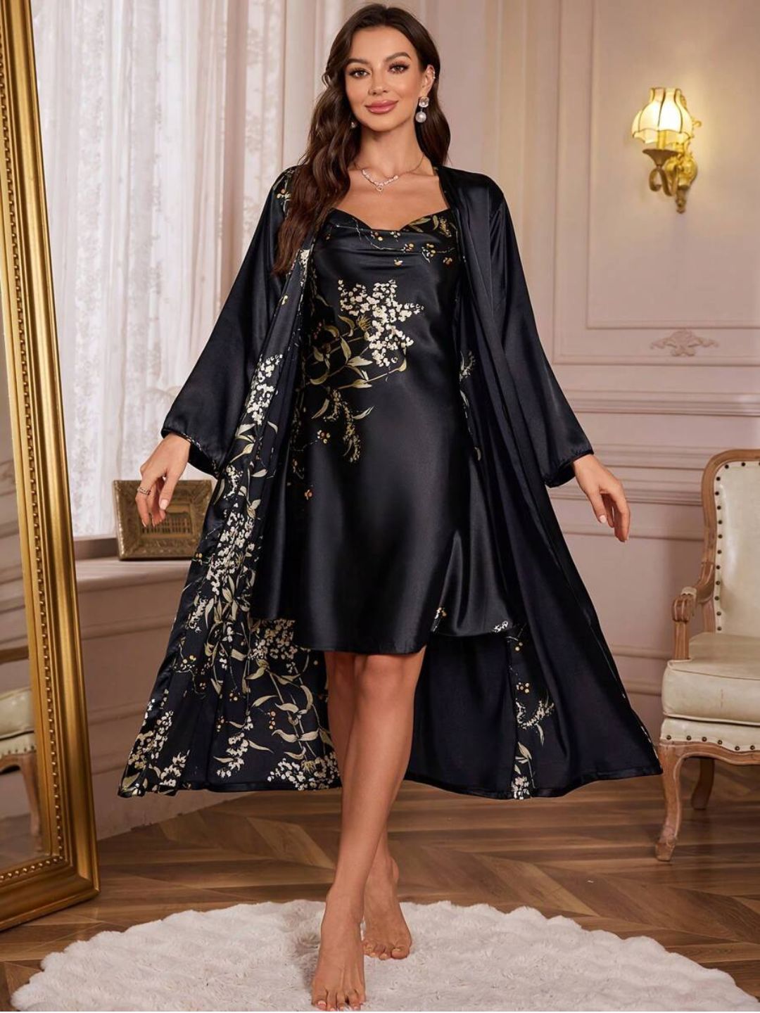 11003-Black Floral Satin Nightwear Robe Set for Women – Elegant Night Dress & Sleepwear