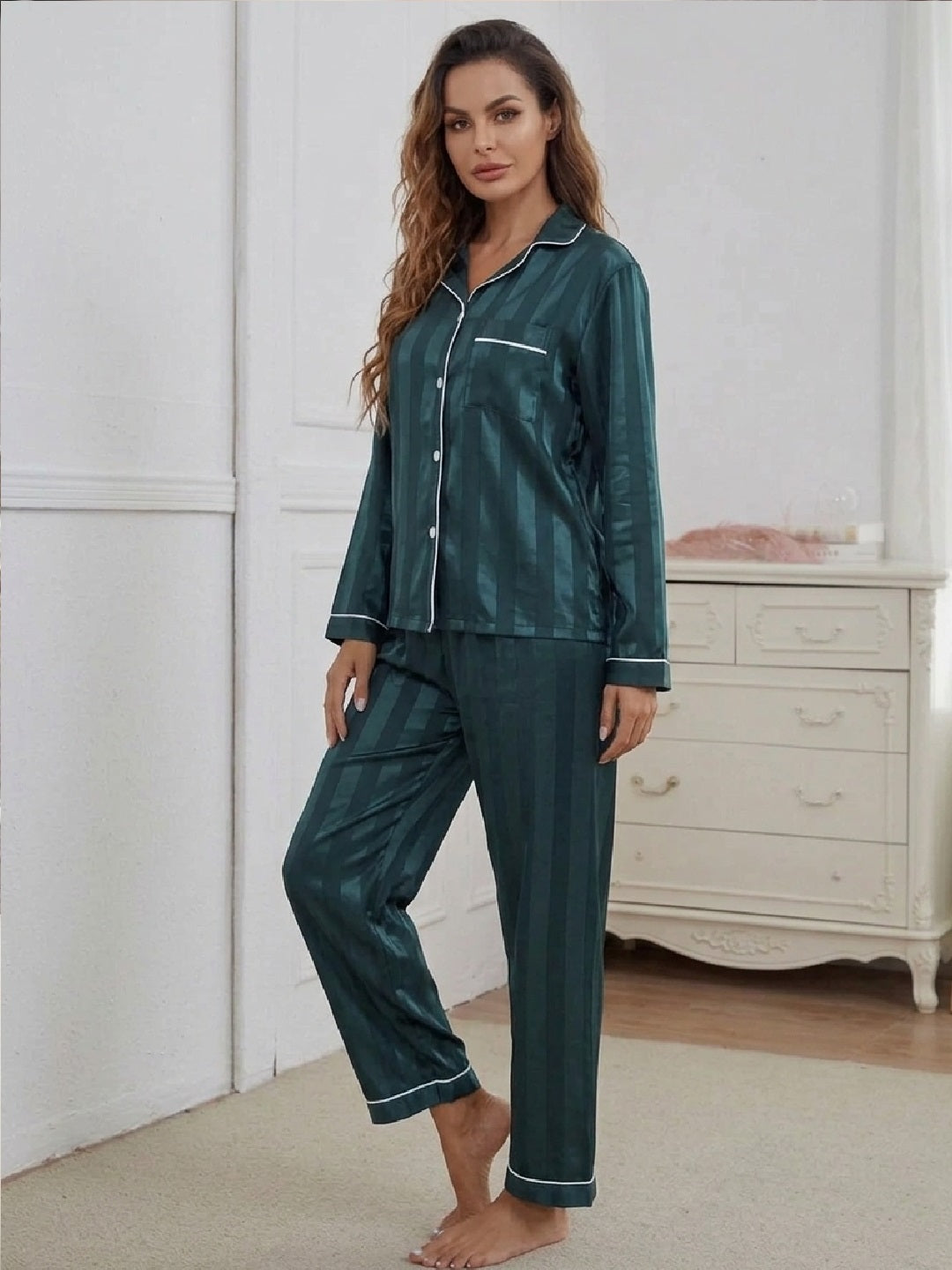 11013-Women Satin Finish Shirt & Pyjama Night Suit Set