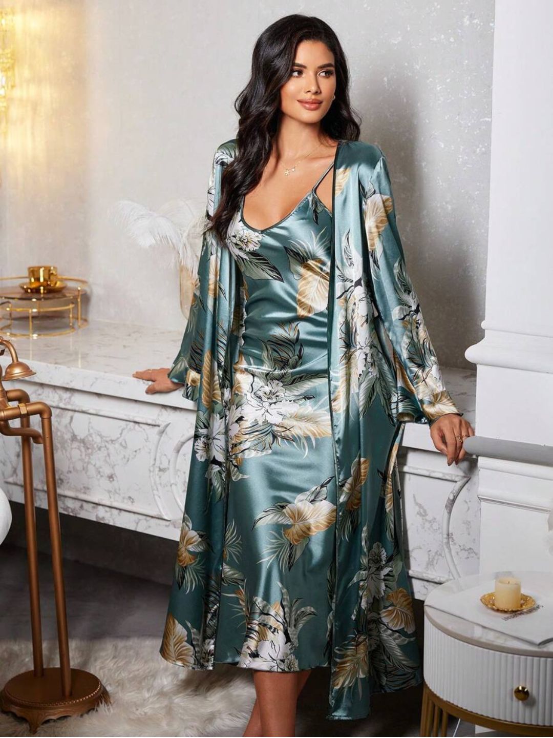 11001-Pink Floral Satin Nightdress with Robe