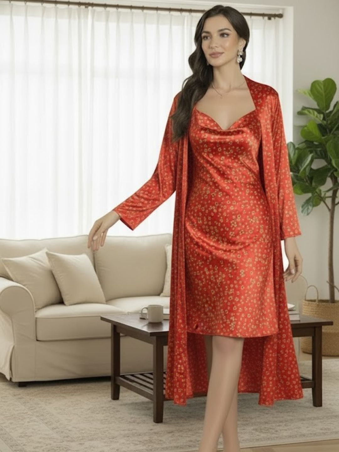 11008-Sky Floral Satin Nightwear Set with Long Robe and Cowl Neck Slip Dress for Women