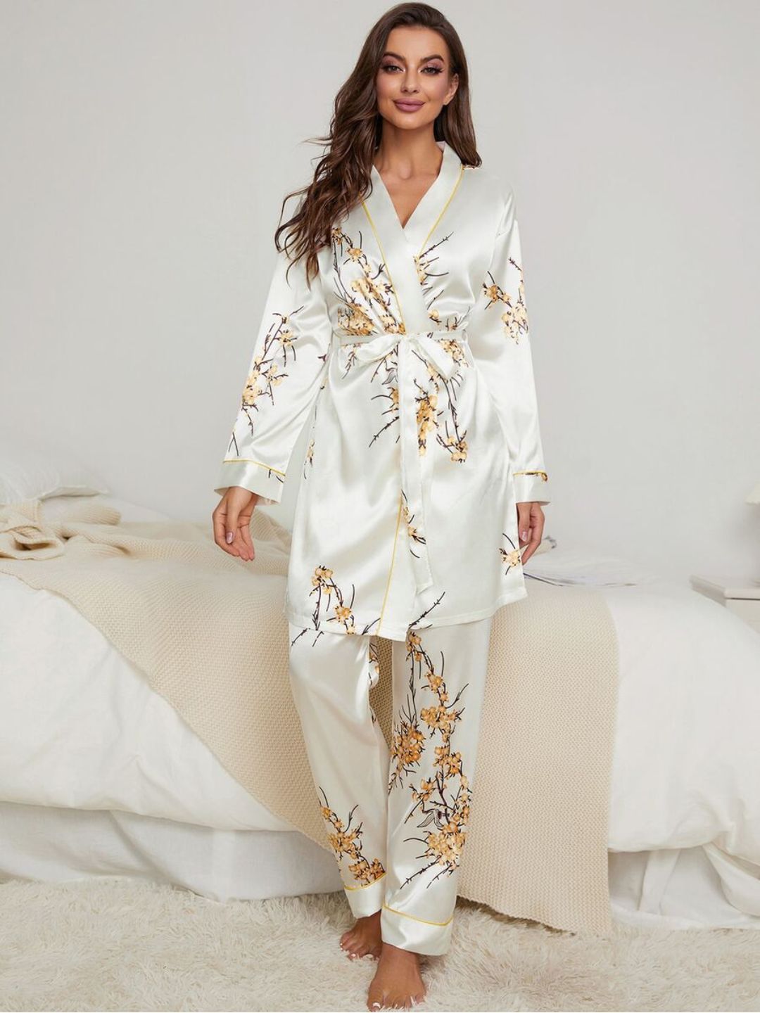 11009-Women’s Satin Floral Pajama Set with Matching Robe – Luxury Sleepwear Loungewear Set