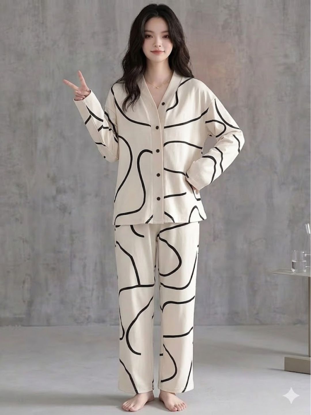 11034-Women Abstract Printed Shirt Collar Night Suit Set
