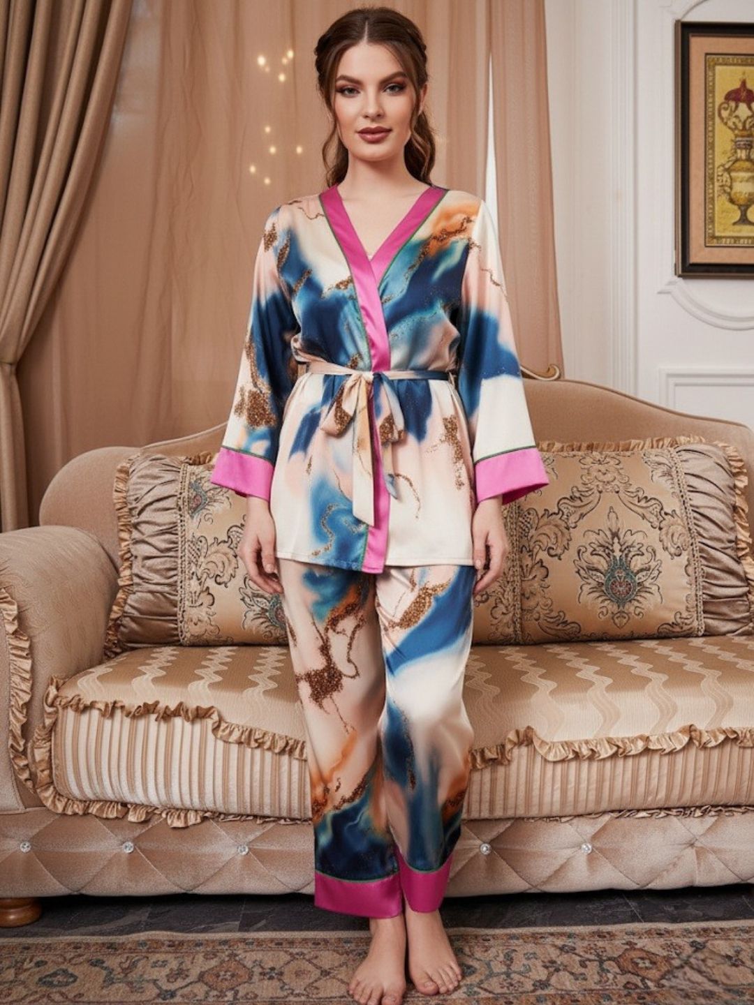 11009-Women’s Satin Floral Pajama Set with Matching Robe – Luxury Sleepwear Loungewear Set