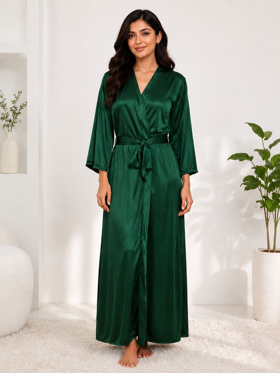 11006- Maroon Glamorous Satin Nightwear Robe – Soft & Silky Feel