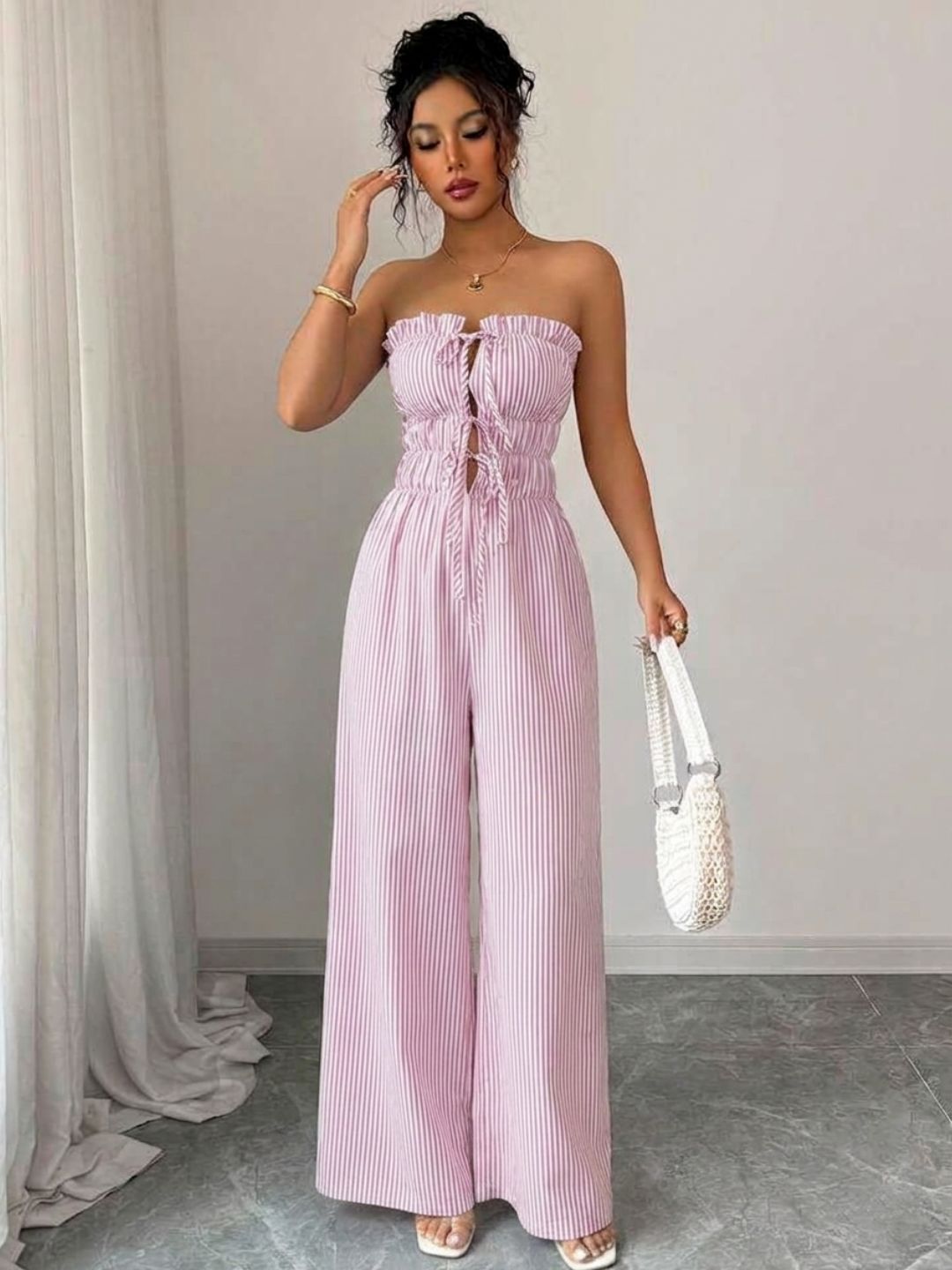 11038 - Women pink & White Striped Cotton Night Suit
