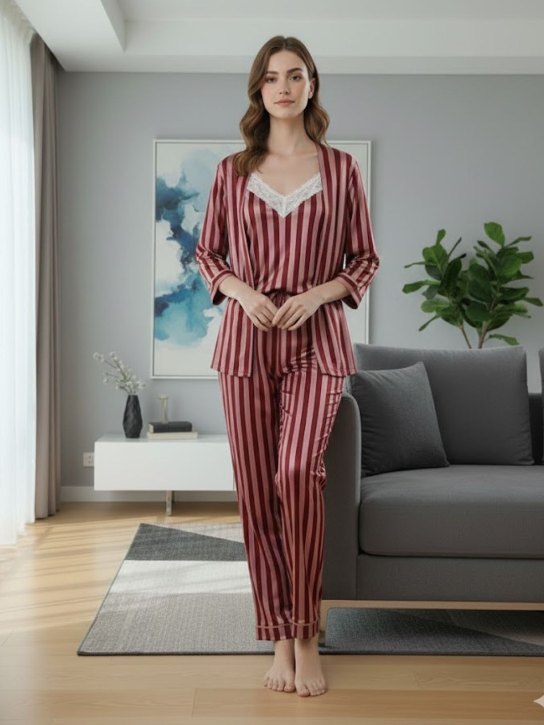 11011-PINK Women’s Satin 3 Piece Nightwear Set – Striped Camisole, Robe & Pyjama