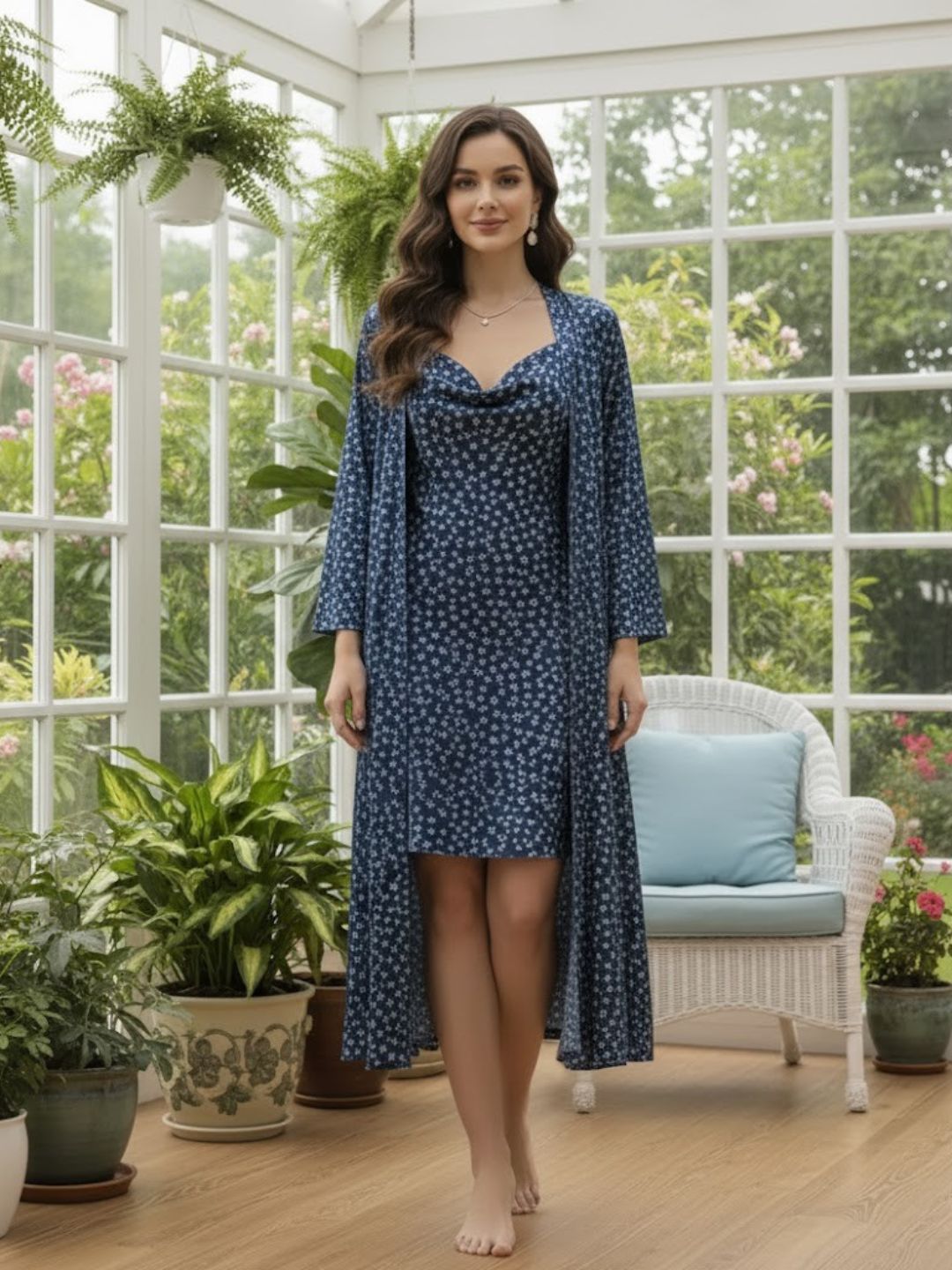 11008-Sky Floral Satin Nightwear Set with Long Robe and Cowl Neck Slip Dress for Women