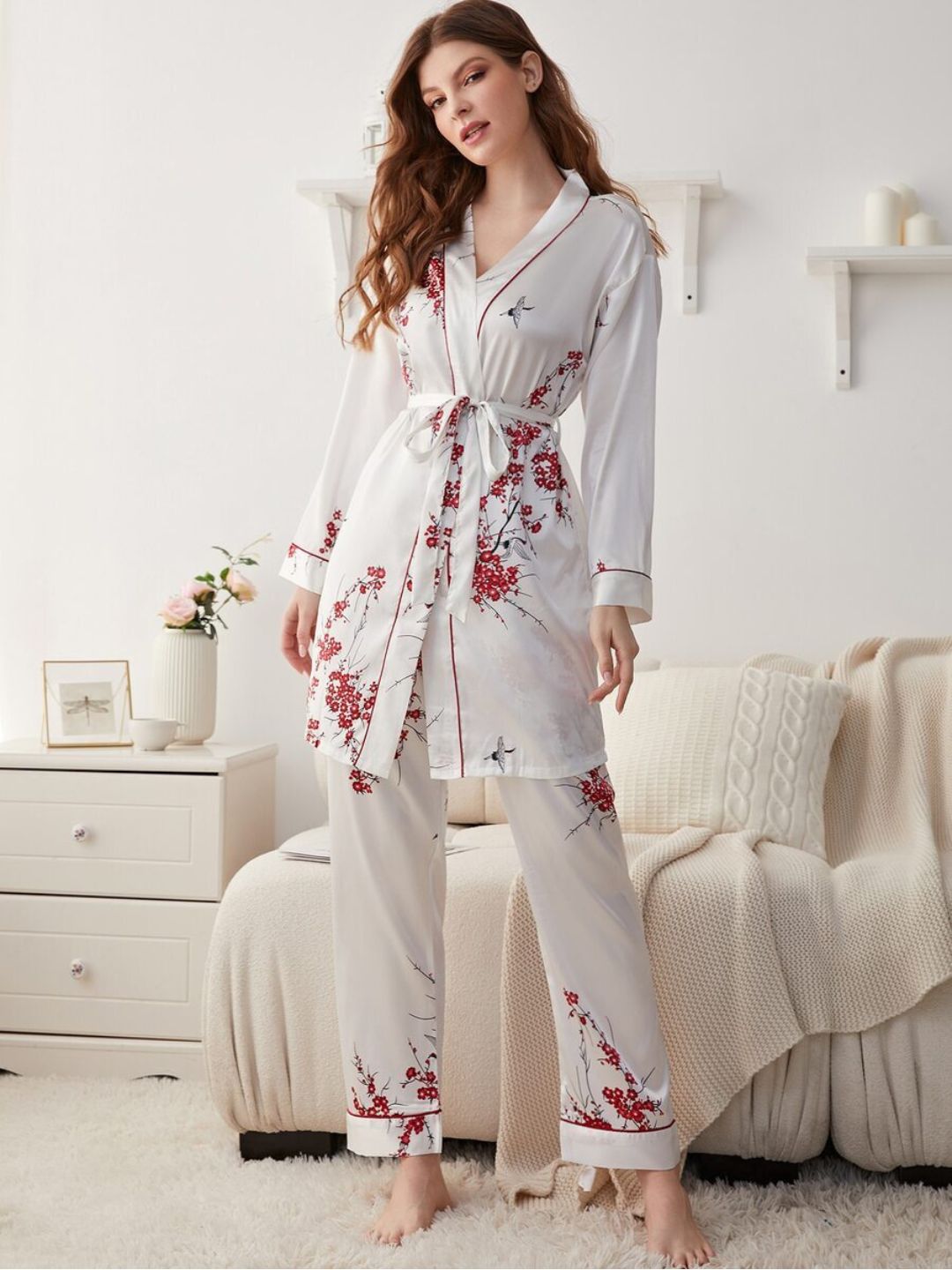 11009-YELLOW Women’s Satin Floral Pajama Set with Matching Robe – Luxury Sleepwear Loungewear Set