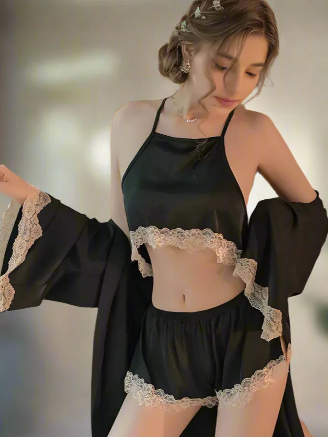 301 DN   3-Piece Satin Nightwear Set with Lace Trim – Robe, Cami & Shorts