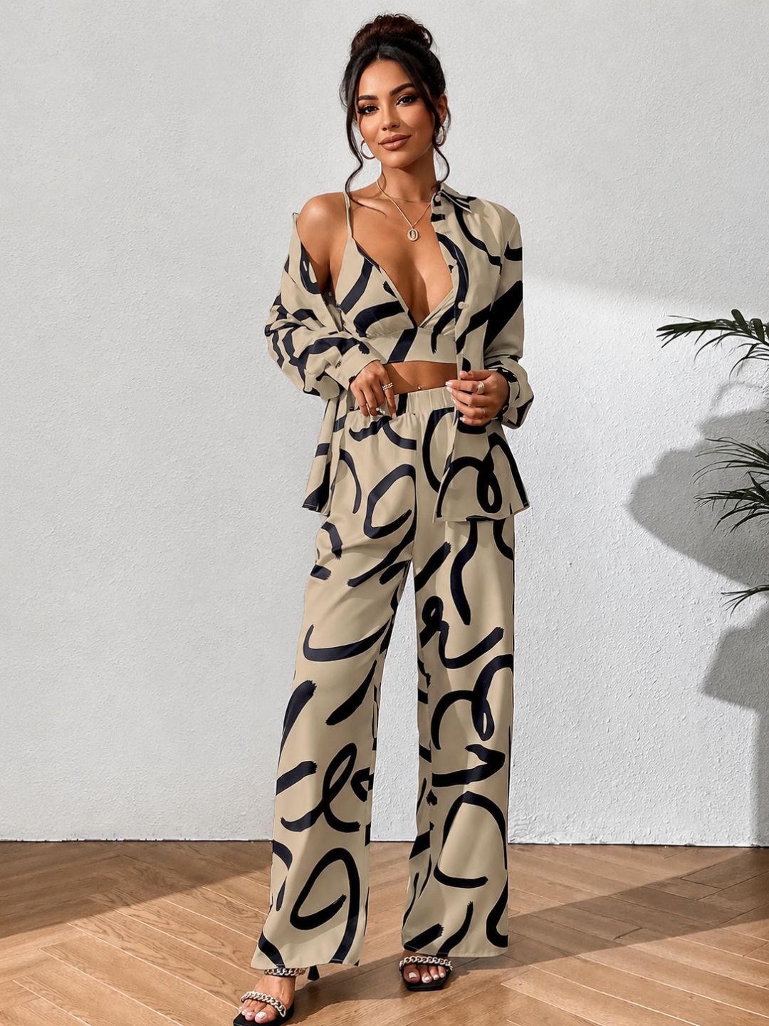 11053-Women Beige & Black Abstract Printed Three-Piece Co-Ord Set