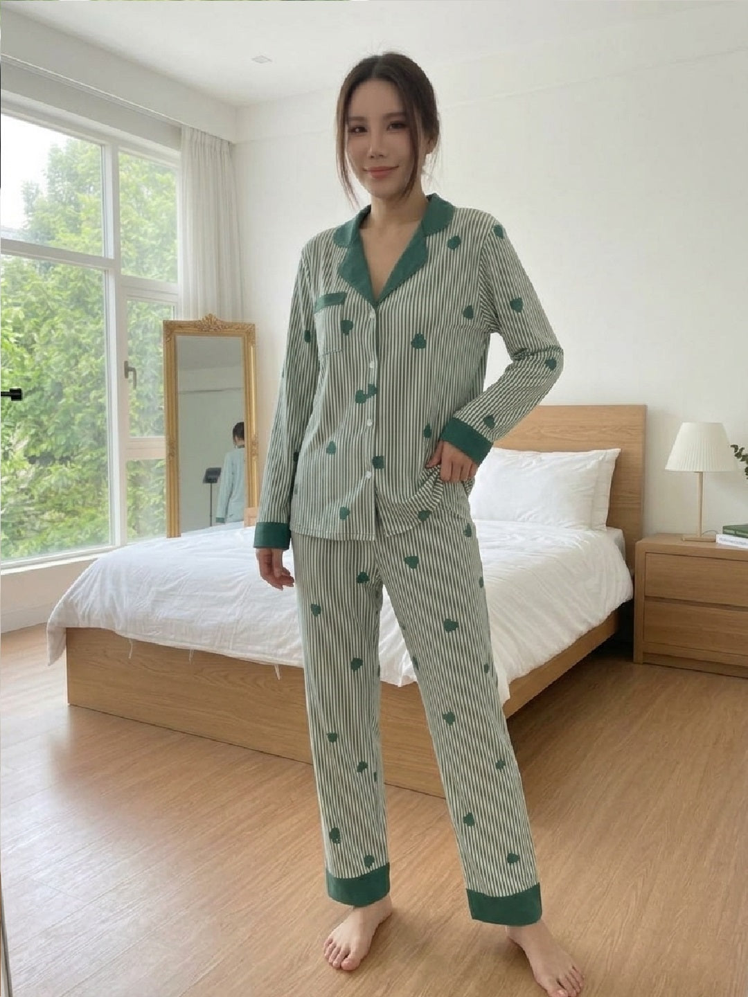 11016-Women Striped Heart Print Comfortable Shirt & Pyjama Nightwear Set