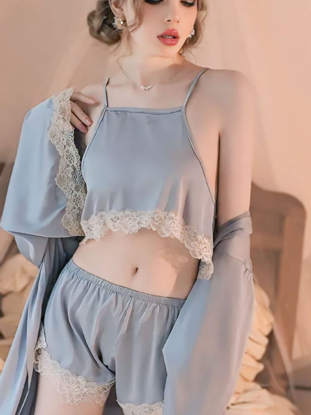 301 DN   3-Piece Satin Nightwear Set with Lace Trim – Robe, Cami & Shorts