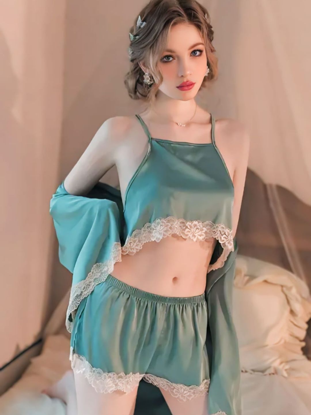 301 DN   3-Piece Satin Nightwear Set with Lace Trim – Robe, Cami & Shorts