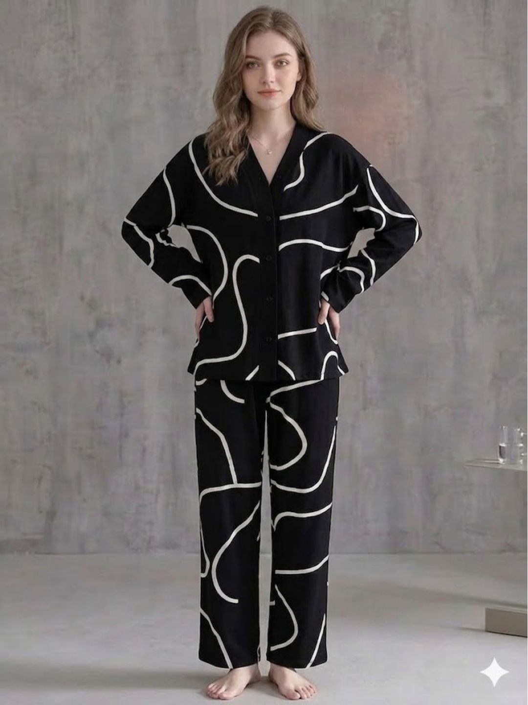 11034-Women Black Abstract Printed Shirt Collar Night Suit Set