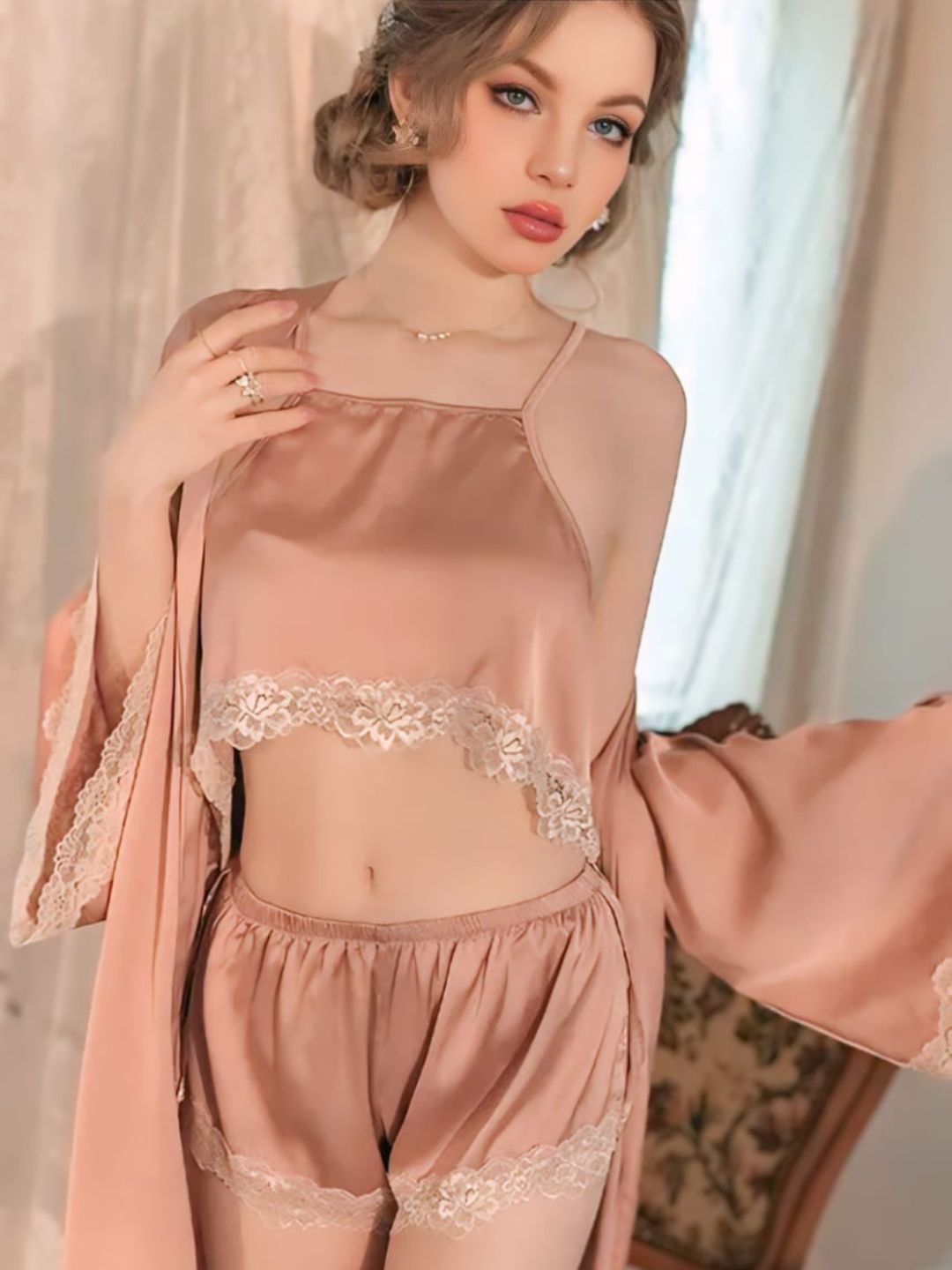301 DN   3-Piece Satin Nightwear Set with Lace Trim – Robe, Cami & Shorts
