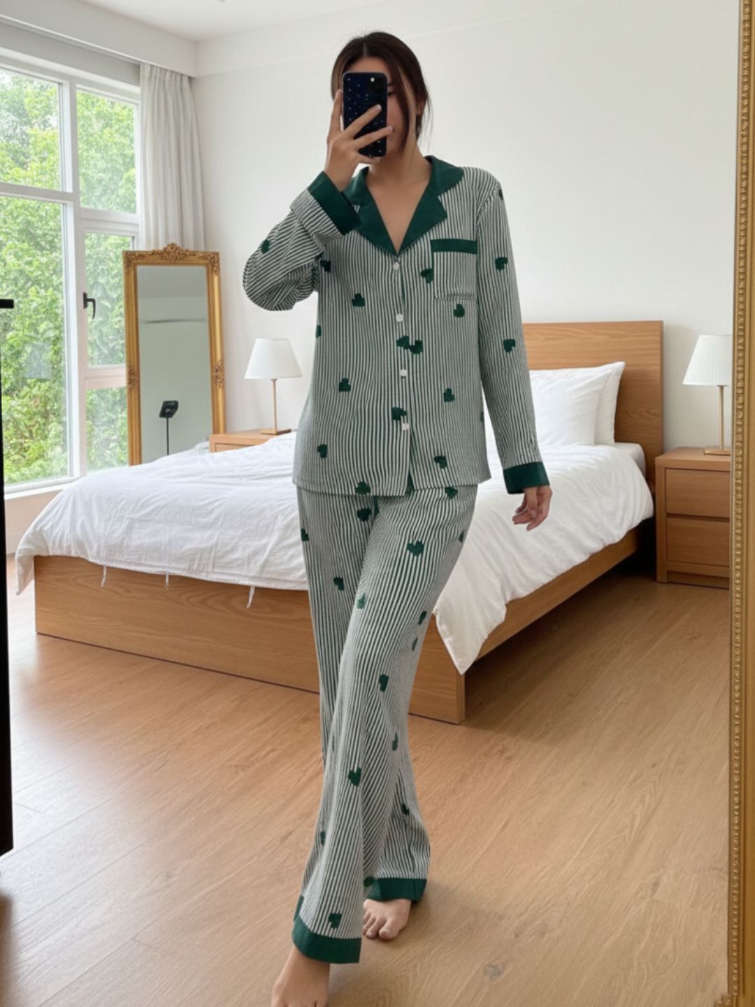 11016-Women Black & White Striped Heart Print Comfortable Shirt & Pyjama Nightwear Set