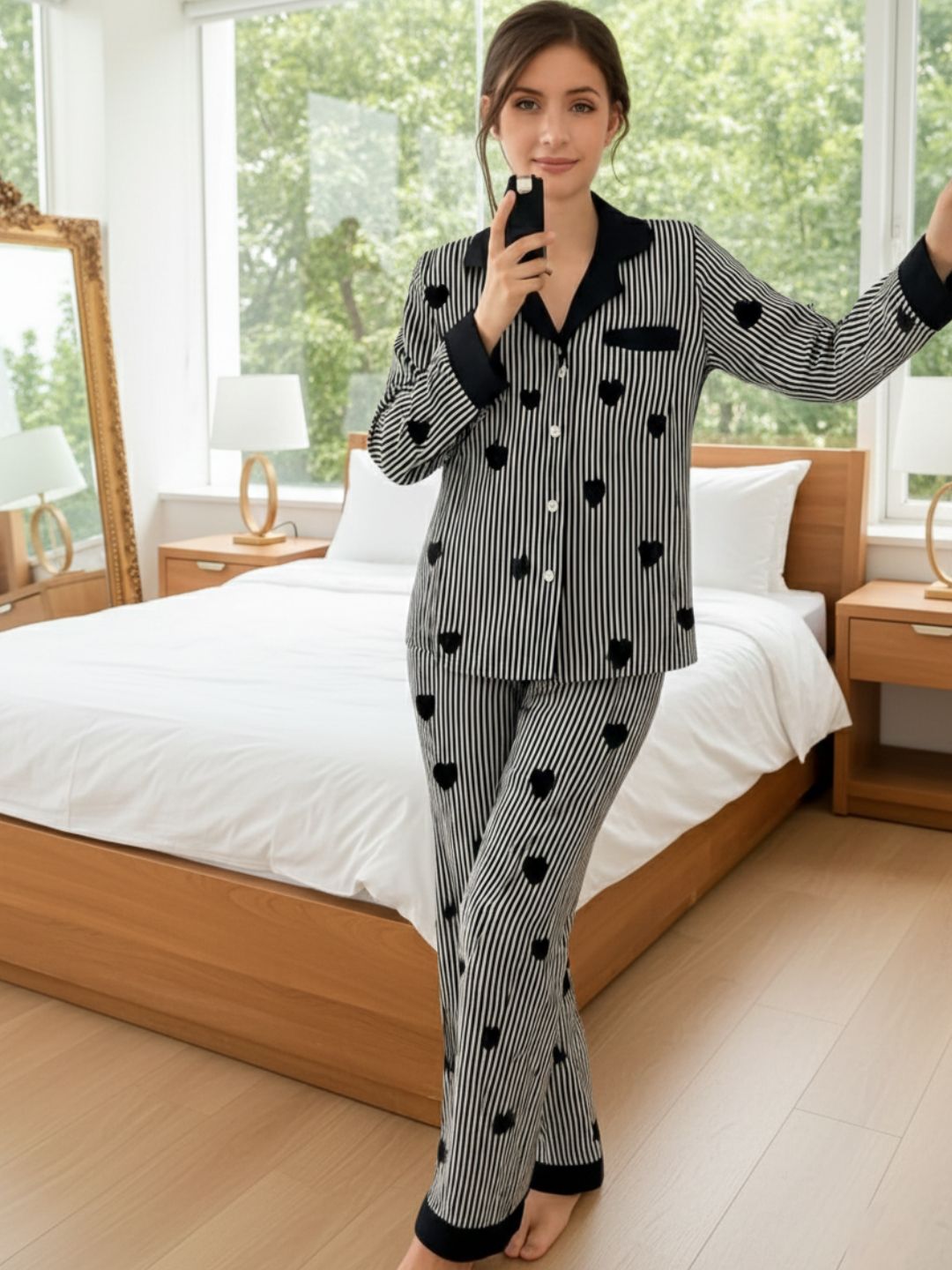 11016-Women Striped Heart Print Comfortable Shirt & Pyjama Nightwear Set