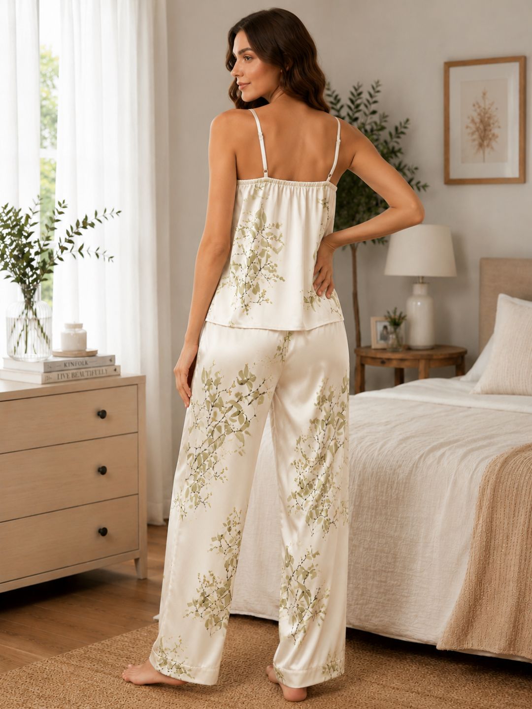 11060-Women Floral Printed Satin Camisole Top with Lounge Pants Night Suit Set