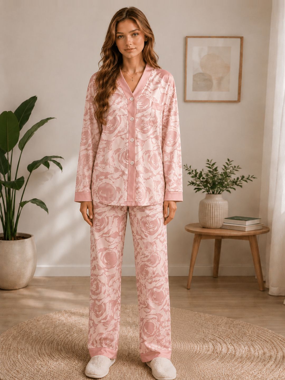 11052- Women Printed Satin Night Suit Set