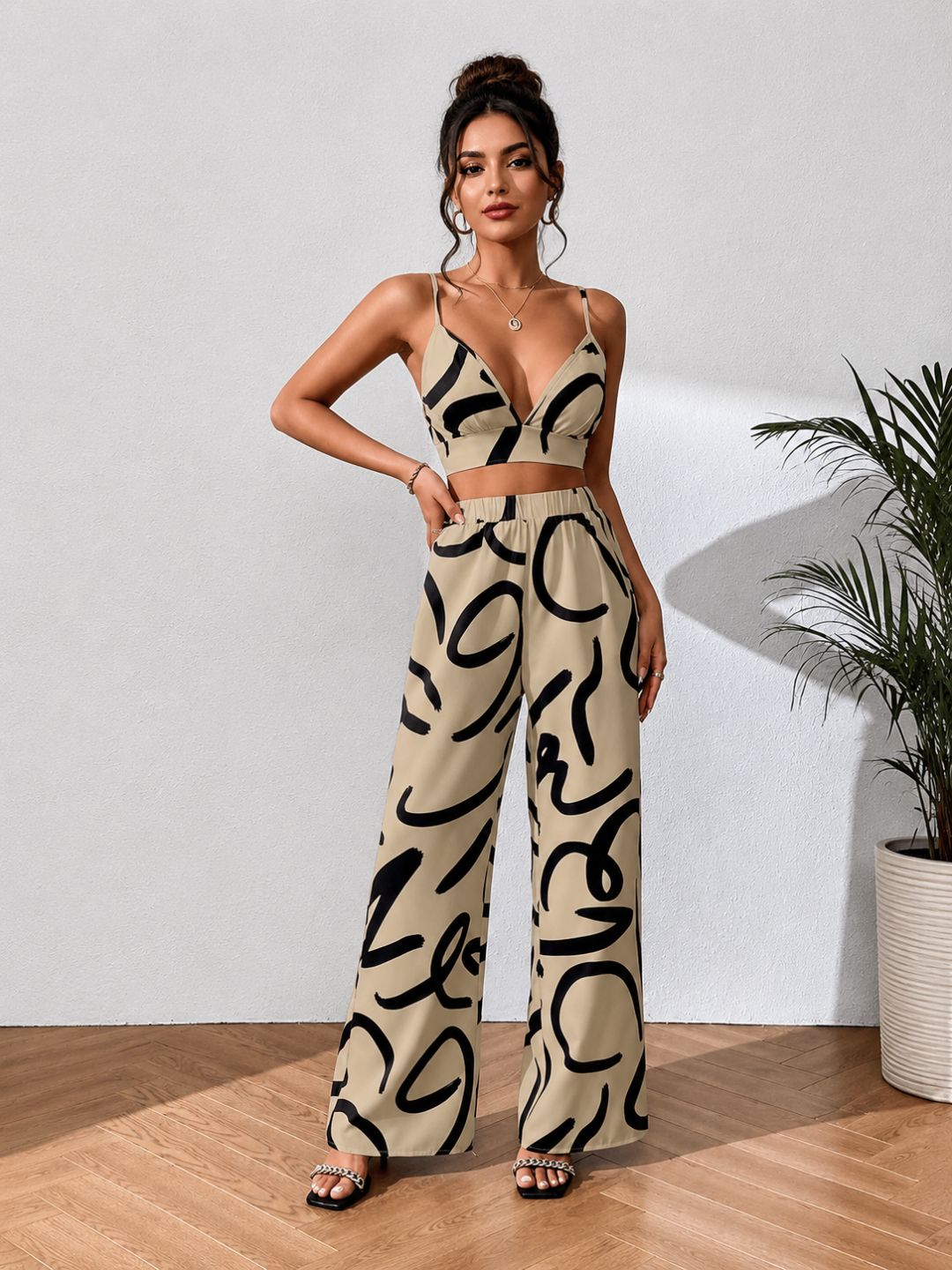 11053-Women Beige & Black Abstract Printed Three-Piece Co-Ord Set