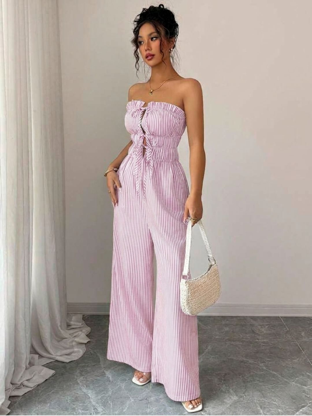 11038 - Women pink & White Striped Cotton Night Suit