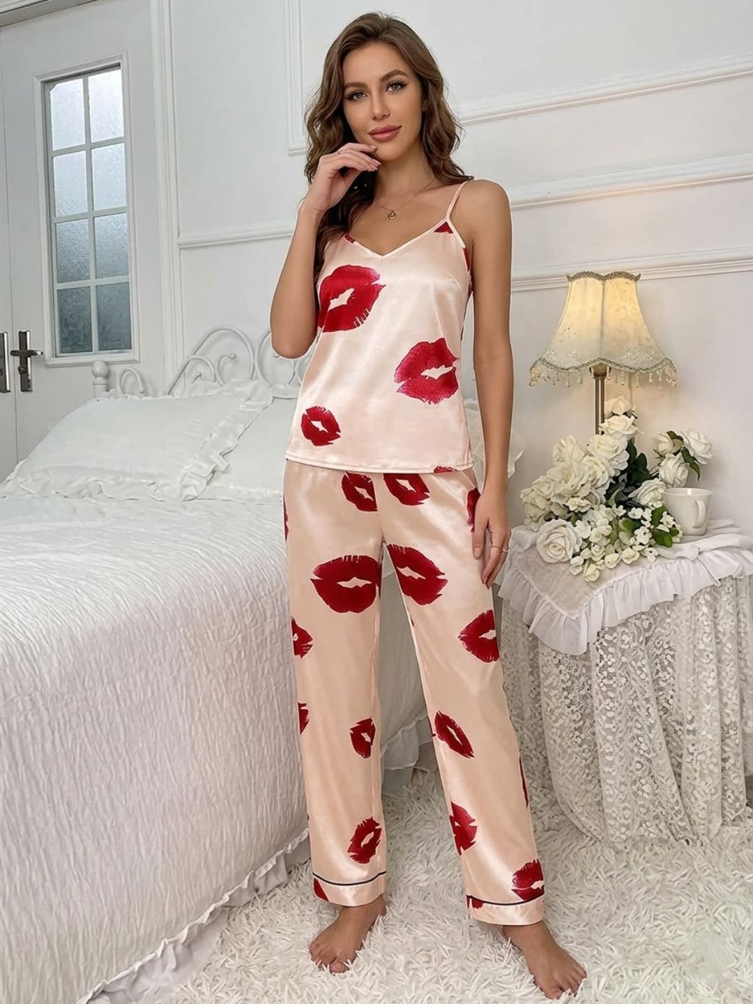 11056- Women Beige Satin Lip Print Camisole Night Suit Set