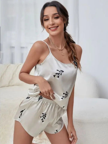 30-Celestial Print Satin Camisole & Shorts Nightwear Set