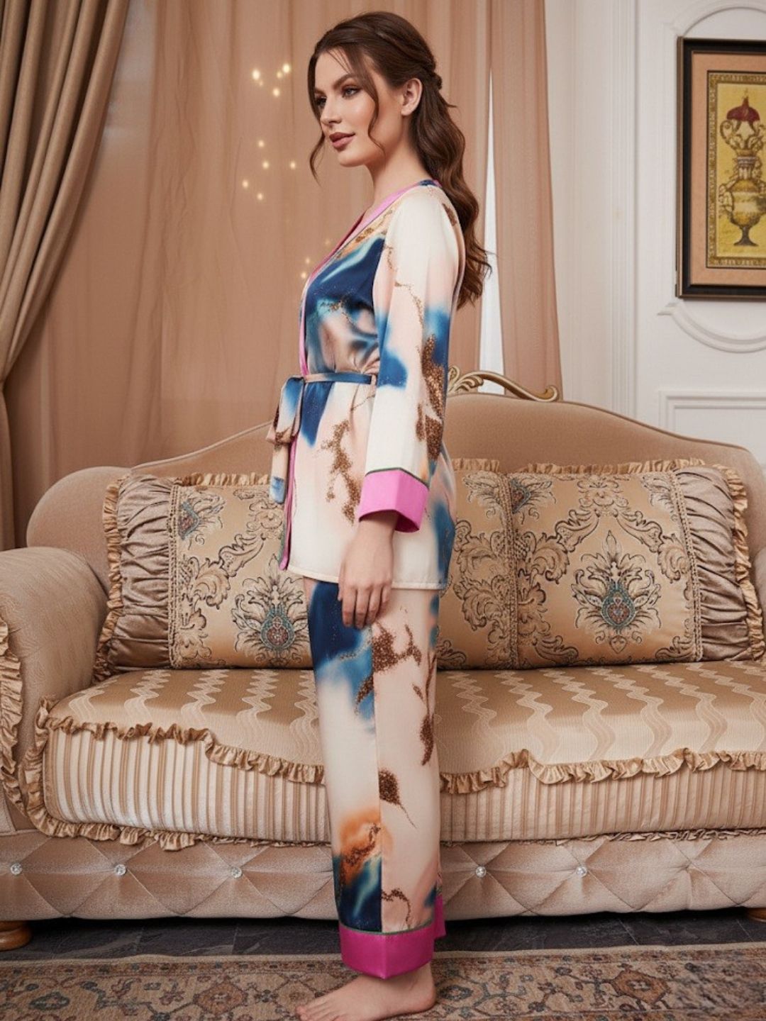 11010-Premium Women’s Satin Night Suit – Designer Printed Robe & Pyjama Set