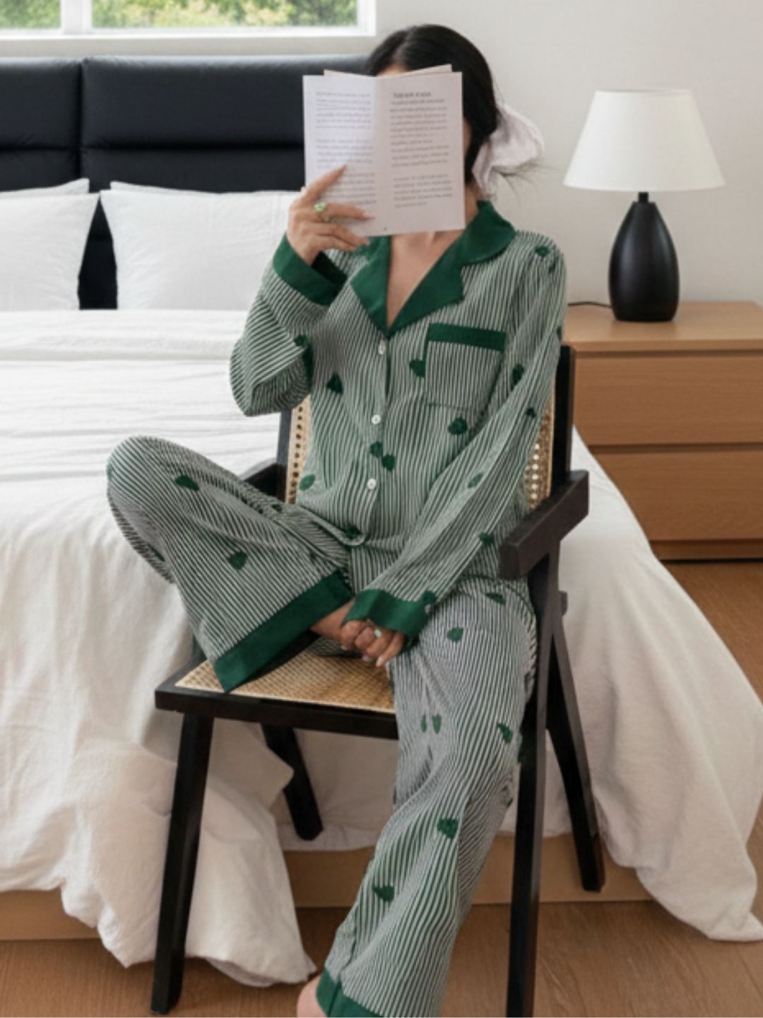 11016-Women Striped Heart Print Comfortable Shirt & Pyjama Nightwear Set
