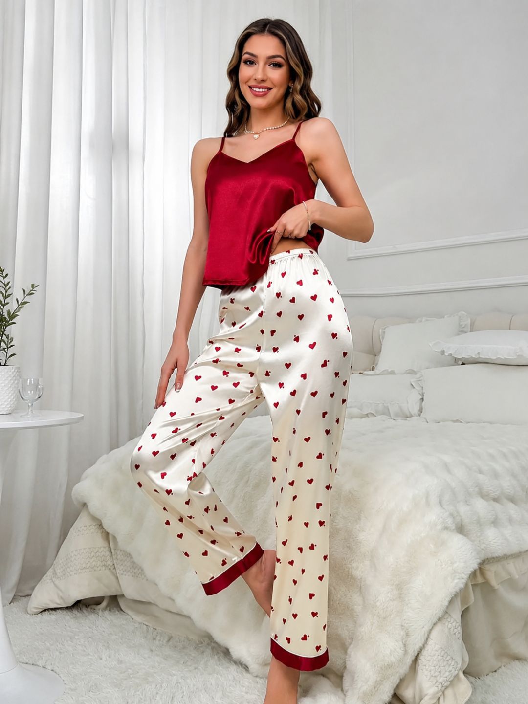 11059- Women Satin Night Suit with Solid Maroon Camisole & Full-Length Pyjama Set
