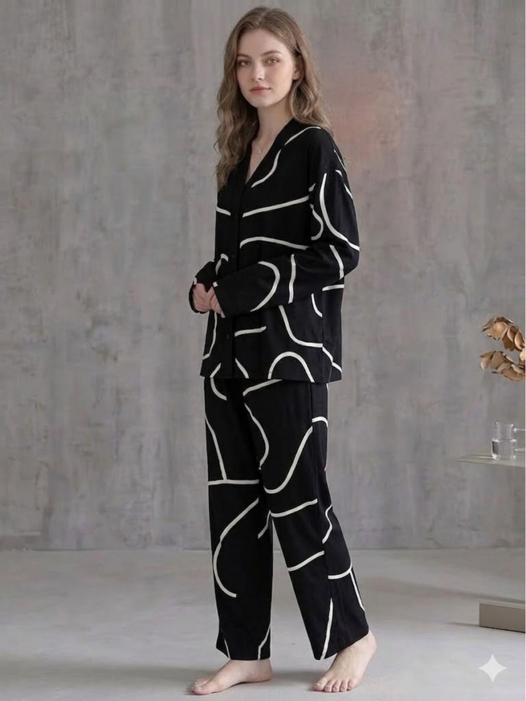 11034-Women Black Abstract Printed Shirt Collar Night Suit Set
