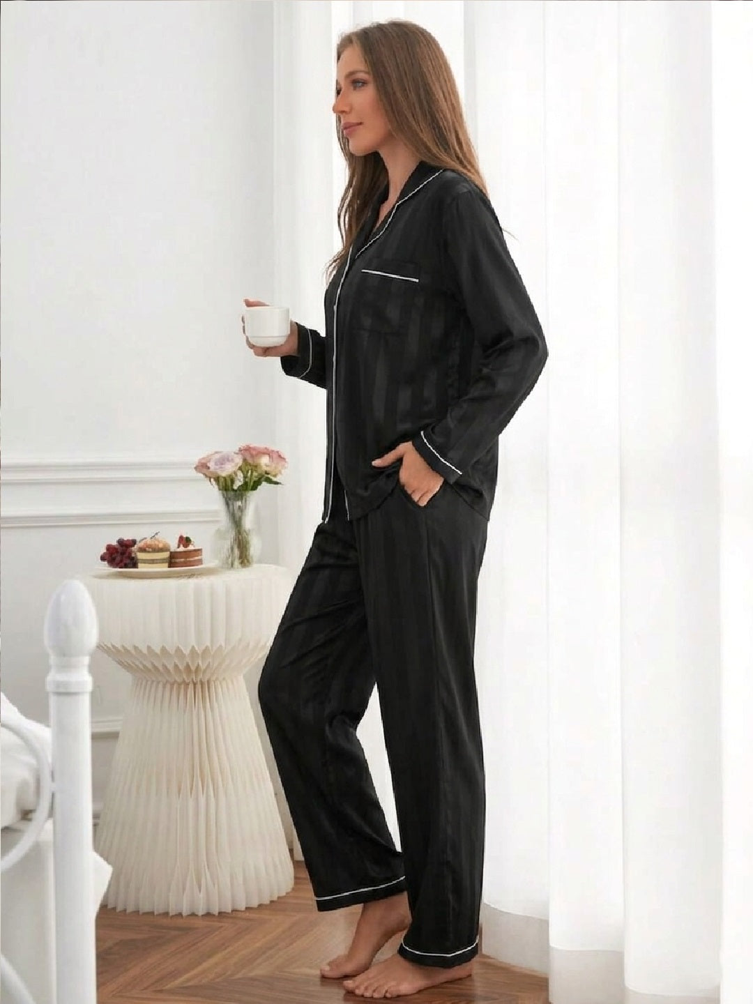11013-Women Satin Finish Shirt & Pyjama Night Suit Set