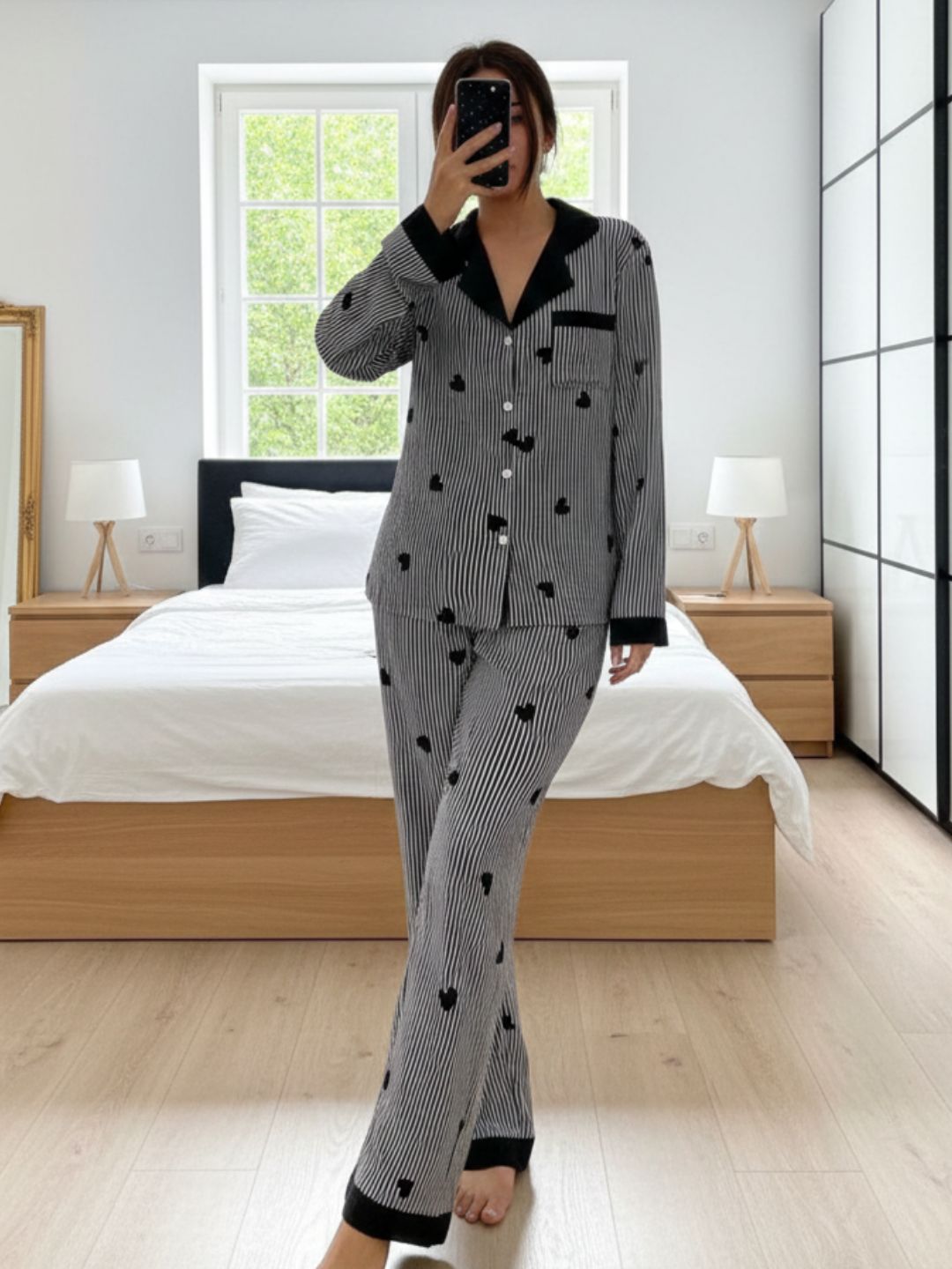 11016-Women Striped Heart Print Comfortable Shirt & Pyjama Nightwear Set